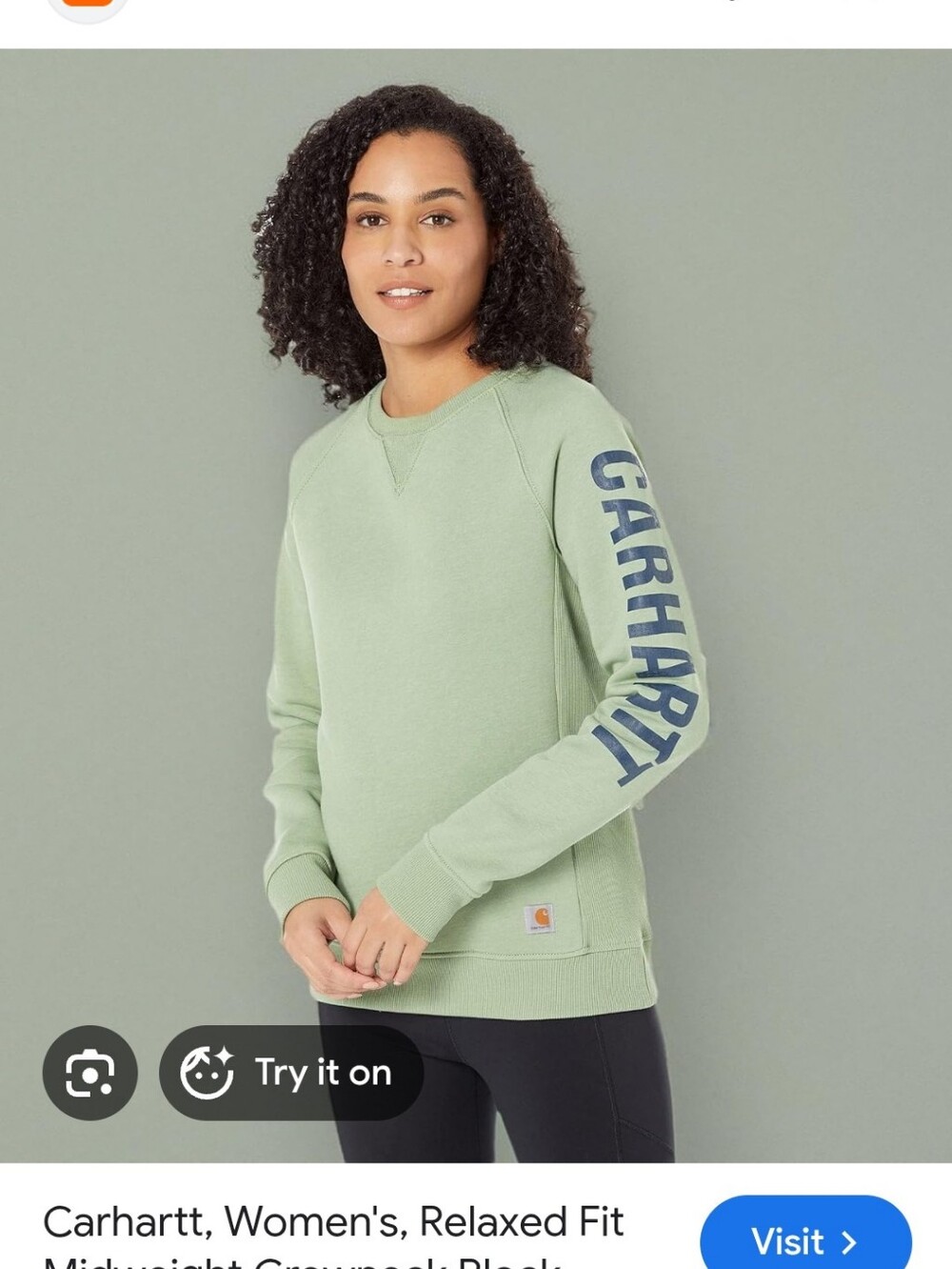 Carhartt Women's Crewneck Sweatshirt in Sage Green with Green Sleeve Logo